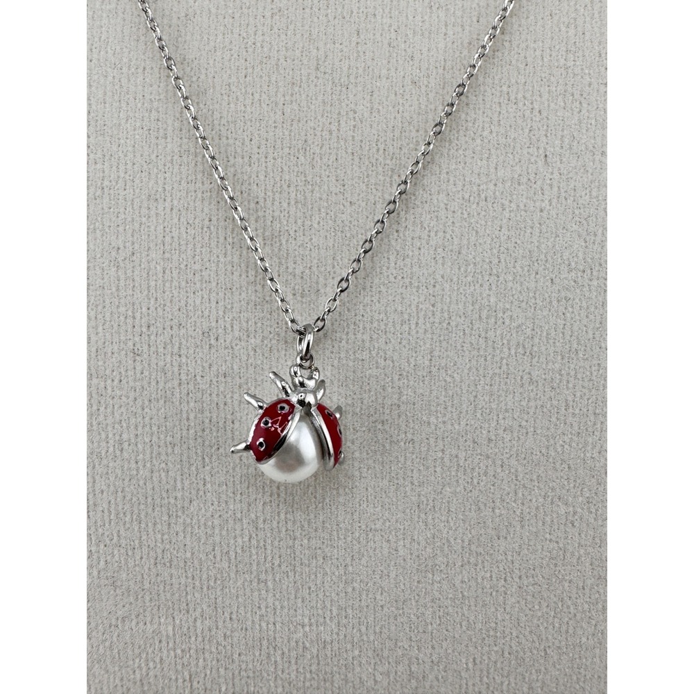 Ladybug Pearl Pendant Necklace Silver Tone Red Enamel Insect Jewelry